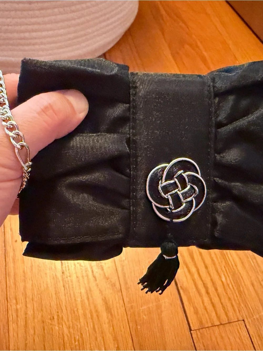 Black Satin Logo Plaque wristlet